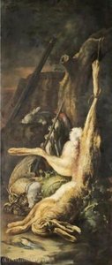 Still Life With A Hare, Snipe, Songbirds, A Musket And A Basket In A Landscape — Baldassarre De Caro