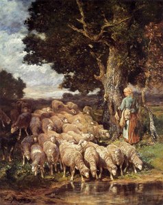 A Shepherdess With Her Flock Near A Stream — Charles-émile Jacque