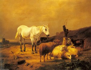 A Horse, Sheep And A Goat In A Landscape — Eugène Joseph Verboeckhoven