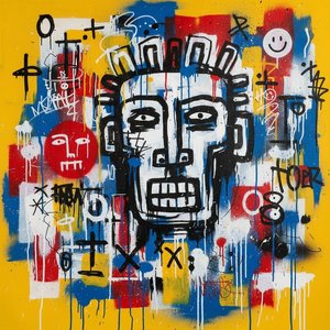 Fragmented Monolith: A Primordial Mask Amidst Vibrant Urban Chaos And Kinetic Drips — Laurent Girard