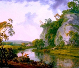 Landscape With Two Boys Fishing, Evening — George Barret The Elder