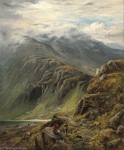 Highland Scene With Sheep And Figures In The Foreground — Alfred I Glendening