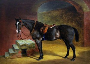 A Saddled Dark Bay Hunter By Mounting Steps — Thomas Grimshaw