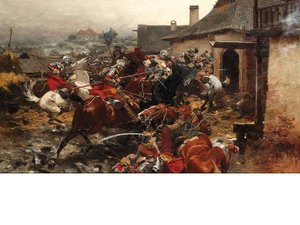 A Cavalry Skirmish On The Outskirts Of A Town — Josef Von Brandt