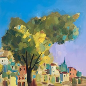 Ätherisches Blätterdach Über Stiller Architektur: Eine Meditative Studie In Impasto Und Licht