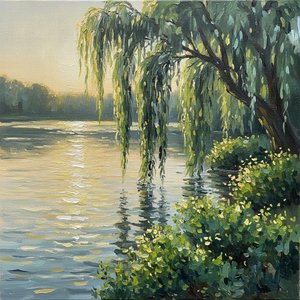 Riflessi Del Salice Dorato: Uno Studio Meditativo Di Luce E Paesaggio Acquatico Sereno — Christian Noiret