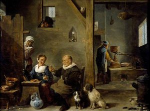 Une Distillerie Avec Un Vieil Homme Achetant Du Genièvre À Une Femme — David Téniers Le Jeune