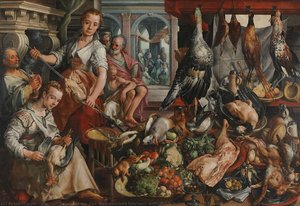 The Well-stocked Kitchen, With Jesus In Het House Of Martha And Mary In The Background, Joachim Bueckelaer, 1566 — Joachim Beuckelaer