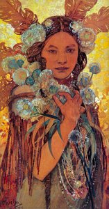 Native American Woman With Flowers And Feathers — Alphonse Mucha