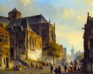 Figures On A Market Square In A Dutch Town — Cornelis Springer