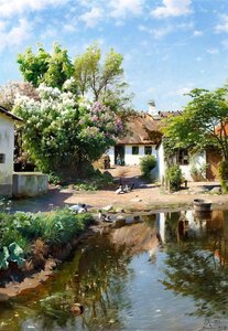 Spring Day At A Thatched House With Blooming Lilacs — Peder Mørk Mønsted