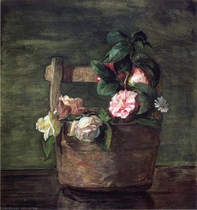 Camellias And Roses In Japanese Vase Of Earthenware With Crackle — John La Farge