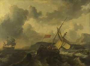 An English Vessel And A Man Of War In A Rough Sea Off A Coast With Tall Cliffs — Ludolf Backhuysen I