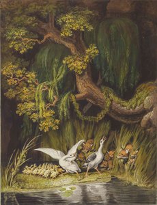 A Goose And A Gander With Their Goslings Honking In Alarm As Two Foxes With Their Cubs Emerge From The Rushes — Johann Heinrich The Younger Tischbein
