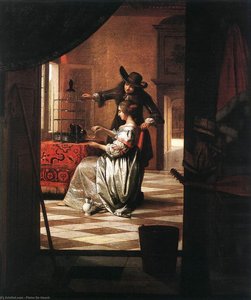 Couple With Parrot — Pieter De Hooch