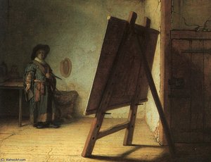 Artist In His Studio, Oil On Panel — Rembrandt Van Rijn