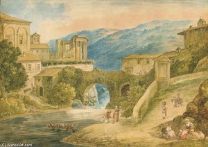 Tivoli With The Temple Of Vesta, Figures In The Foreground — Bartolomeo Pinelli