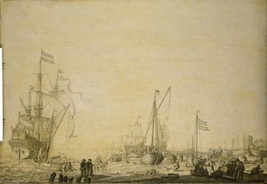 Kaags Close To The Shore In A Busy Scene Near Den Helder — Willem Van De Velde The Elder