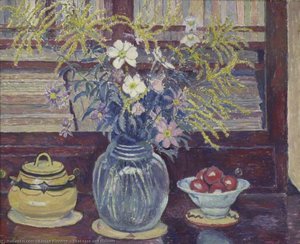 Bookcase And Flowers — Lucien Pissarro