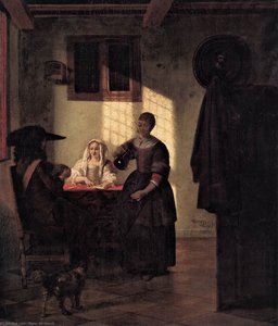 A Couple Playing Cards, With A Serving Woman — Pieter De Hooch