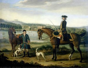 Portrait Of Coplestone Warre Bampfylde (1720-96) In Front Of Hestercombe House With His Huntsman C.1740 — John Wootton