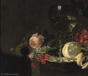 A 'roemer' With White Wine, A Partially Peeled Lemon, Cherries And Other Fruit On A Silver Plate With A Rose And Grapes On A Stone Ledge — Simon Luttichuijs