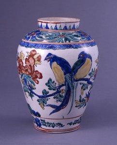 Jar With Decoration Of Peonies And Blue Magpies — Hizen Ware