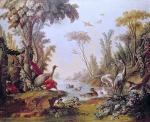 Lake With Geese Storks Parrots And Herons From The Salon Of Gilles Demarteau — François Boucher