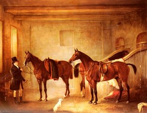Sir John Thorold's Bay Hunters With Their Groom In A Stable — John Ferneley, Snr