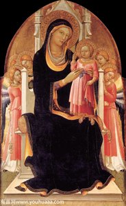 Vergine E Bambino In Trono Con Sei Angeli — Lorenzo Monaco
