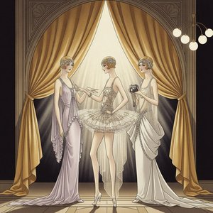 Draperie Dorée Entourant Trois Figures En Lavande Et Crème