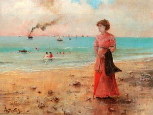 Young Woman With Red Umbrella On The Beach — Alfred Stevens