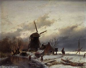 A Frozen River Landscape With A Windmill — Andreas Schelfhout