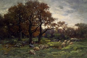 Sheperdess In A Forest At Dusk — Charles-émile Jacque