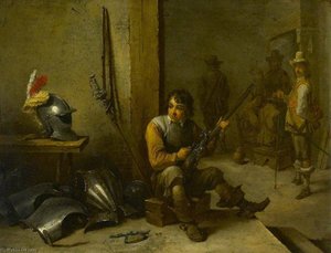 A Soldier Cleaning A Flintlock In A Guardroom, Armour Beside Him And Soldiers Beyond — David Teniers The Younger