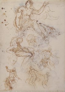 Seated Female Holding A Book, Two Heads Of Bearded Men, Seated Male Nude, And Four Sketches For Christ Judging (recto); Studies For Cain Slaying Abel (verso) — Jacopo Palma Il Giovane