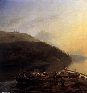 River Scene With Loaded Barges — Adam Pynacker
