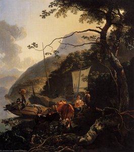 Boatmen Moored On The Shore Of An Italian Lake — Adam Pynacker