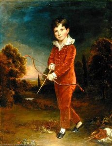 Portrait Of A Young Boy In A Red Suit Holding A Bow — Arthur William Devis