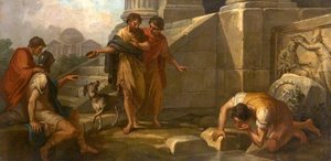 Diogenes Casting Away His Wooden Bowl As A Superfluity, On Seeing A Youth Drinking From His Hand (a Set Of Three Decorative Wall Panels) — Antonio Zucchi