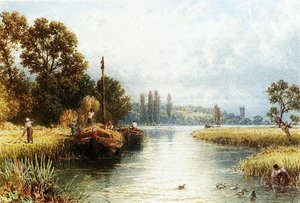 Loading The Hay Barges, With A Young Woman Taking Water From The River In The Foreground — Myles Birket Foster