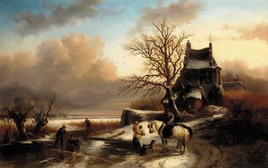 Figures By A Cottage In A Dutch Winter Landscape — Andreas Schelfhout