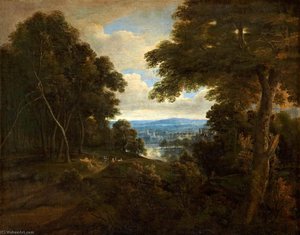 An Extensive Wooded Landscape With Travellers On A Path — Jacques D' Arthois