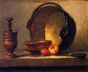 Pilon Et Mortier, Bol, Deux Oignons, Pot En Cuivre Et Bouilloire — Jean-baptiste-siméon Chardin