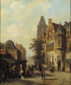 Townsfolk Gathered Around Market Stalls, A Capriccio View Of Woerden's Cityhall In The Background — Cornelis Springer