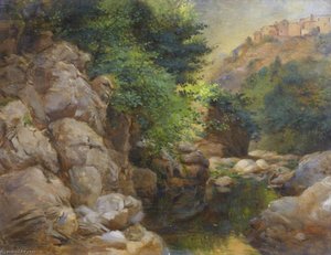 Rocky Landscape With Stream And Village — Thomas Stuart Smith