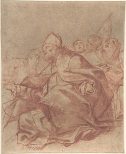 Seated Bishop With Arms Extended And Three Attendant Figures — Mattia Preti