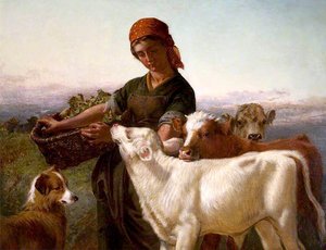 A Farm Girl With Three Calves And 'silky' — Henry Hetherington Emmerson
