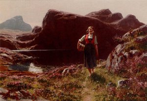 A Girl On A Sunlit Track Before A Fjord — Hans Dahl