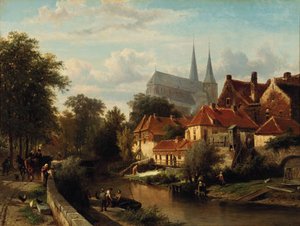 A Summer's Day In Deventer With Figures On The Town-wall, The Bergkerk Towering In The Distance — Cornelis Springer